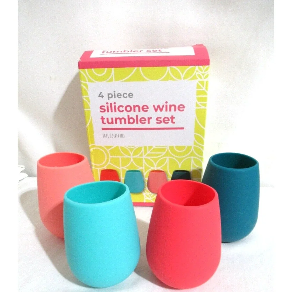 4 Piece Silicone Wine Tumbler Set 14 fl‎ oz Each Multicolor Brand New